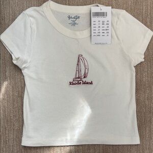 Brandy Melville Cream Tee with Maroon Sailboat Embroidery